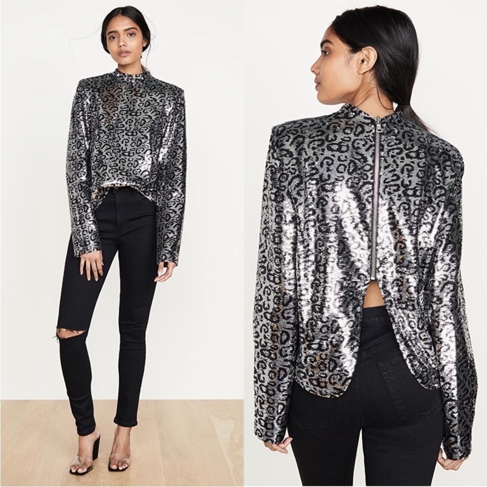 RtA Freddie Sequin Leopard Top Silver Black Size S